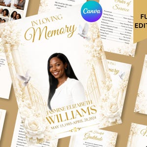 May include: A funeral program template featuring a gold and white color scheme with floral accents, white doves, and classical columns. The design includes the text In Loving Memory, Jasmine Elizabeth Williams, and the dates May 15, 1985-April 28, 2024.