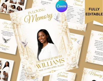 Plantilla para programa funerario de White Roses: Folleto conmemorativo de 8 páginas (Canva, descarga en PDF)