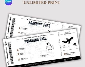 Plantilla de tarjeta de embarque, billete de viaje, anuncio de viaje en avión, imprimible de vacaciones