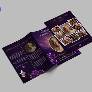 May include: A tri-fold funeral program in deep purple with gold text and floral accents. The cover features a portrait of Eleanor Grace Vanderbilt, a photo collage, and the text Forever In Our Hearts. The interior includes an acknowledgment and life story.