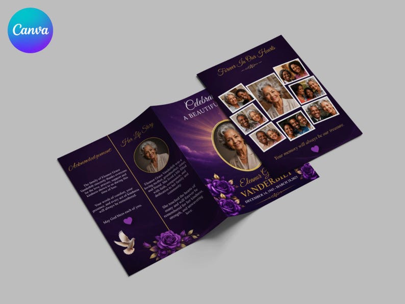 May include: A tri-fold funeral program in deep purple with gold text and floral accents. The cover features a portrait of Eleanor Grace Vanderbilt, a photo collage, and the text Forever In Our Hearts. The interior includes an acknowledgment and life story.