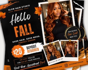 Plantilla de folleto de reservas de otoño / Promoción de cabello de otoño / Canva editable / Descarga instantánea