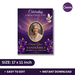 Purple Funeral Program Template,Editable Canva Memorial Booklet,Celebration of Life,Obituary Template image 2