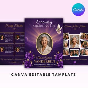 Puede incluir: Una plantilla de programa funerario morado con un retrato central de una mujer mayor, texto dorado que dice Celebrating A BEAUTIFUL LIFE, Eleanor Grace VANDERBILT, DECEMBER 14, 1945 - MARCH 28, 2025, rosas moradas, una paloma blanca y collages de fotos.