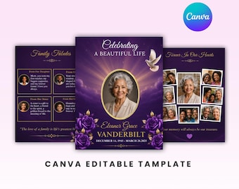 Plantilla de programa funerario morado, folleto conmemorativo editable en Canva, celebración de la vida, plantilla de obituario