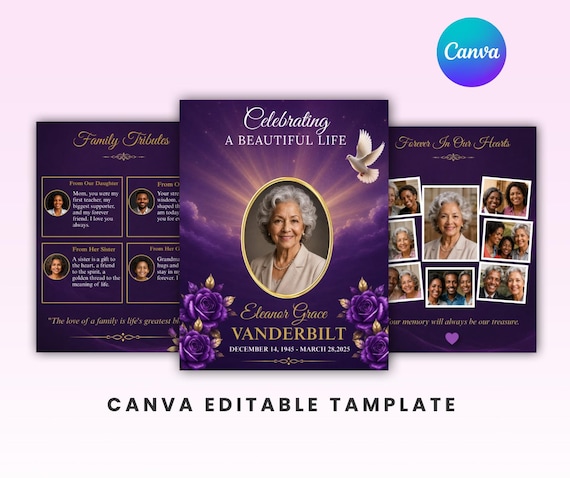 Purple Funeral Program Template,Editable Canva Memorial Booklet,Celebration of Life,Obituary Template