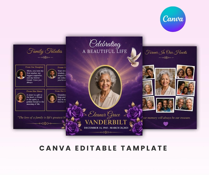 May include: A purple funeral program template featuring a central portrait of an older woman, gold text reading Celebrating A BEAUTIFUL LIFE, Eleanor Grace VANDERBILT, DECEMBER 14, 1945 - MARCH 28, 2025, purple roses, a white dove, and photo collages.