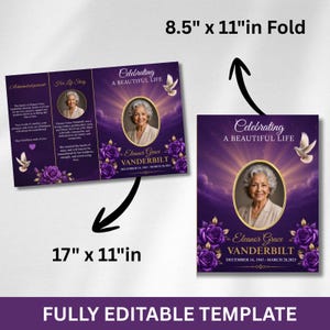 May include: A funeral program template featuring a purple background with white doves and purple roses. The text reads Celebrating A Beautiful Life, Eleanor Grace Vanderbilt, December 14, 1945 - March 28, 2025. Dimensions are 8.5 inches by 11 inches folded and 17 inches by 11 inches flat.
