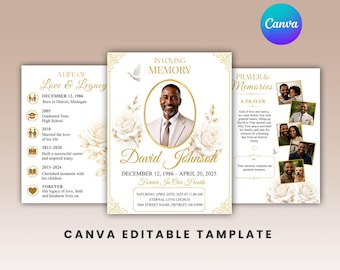 Plantilla de programa funerario Rosa Blanca / Folleto conmemorativo elegante (Descarga digital)
