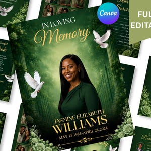 May include: A funeral program template featuring a dark green forest background, white doves, and gold text. The central image shows a person in a green top with the text IN LOVING MEMORY, JASMINE ELIZABETH WILLIAMS, and MAY 15, 1985-APRIL 28, 2024.