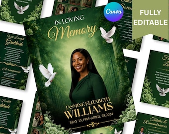 Plantilla para programa funerario de Green Roses: Folleto conmemorativo de 8 páginas (Canva, descarga en PDF)