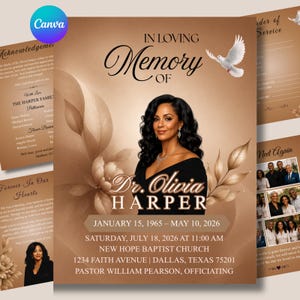 Könnte beinhalten: Eine Trauerprogramm-Vorlage in Braun- und Beigetönen mit einem Porträt einer Person, dem Text IN LOVING MEMORY OF Dr. Olivia Harper, Daten, Angaben zum Gottesdienst und einer weißen Taubengrafik mit floralen Elementen.