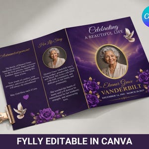 May include: A tri-fold funeral program template in deep purple with gold accents. It features a circular portrait of an older woman, text reading Celebrating A Beautiful Life, Eleanor Grace Vanderbilt, and dates, decorated with purple roses and white doves.