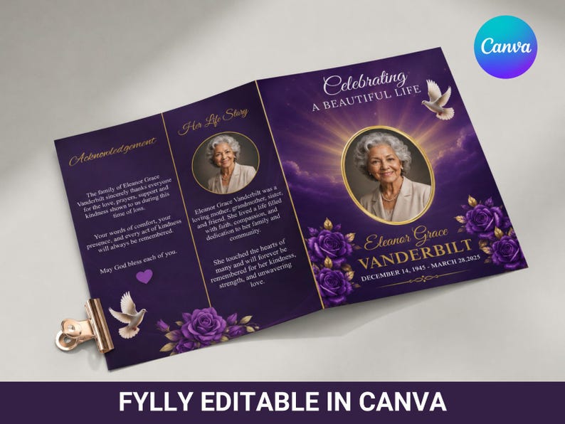 May include: A tri-fold funeral program template in deep purple with gold accents. It features a circular portrait of an older woman, text reading Celebrating A Beautiful Life, Eleanor Grace Vanderbilt, and dates, decorated with purple roses and white doves.