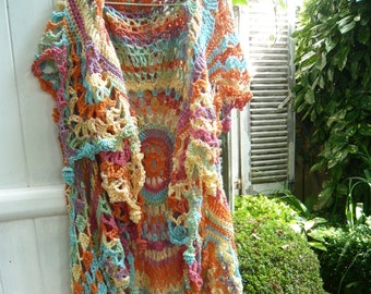 Crochet Lace Rainbow Mandala Long Jacket Large Scalloped Border Circular Long Waistcoat Hippie Bohemian Style French Crochet Wearable Art.