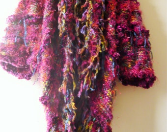 Handknit warm long vest kimino jacket sweater ruffled textured yarns rich french vine purple colors hippie boho yeti look furry yarns OOAK