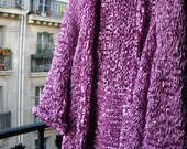 Handknitted elegant open long jacket,sweater,coat made with a brillant old pink ribbon,cyclamen color,versatile,comfortable material.