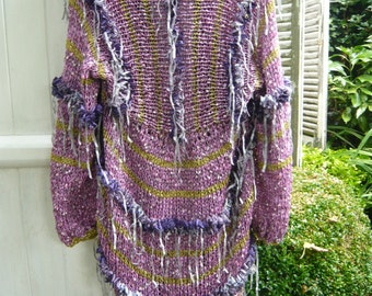 Romantic handknit victorian purple coat jacket kimono subtile lilac color gypsy hippie ruffle violet ribbons golden thread 3D boho OOAK