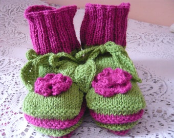 hand knitted women slippers or socks in fuschia and vivid green,wearable art,OOAK