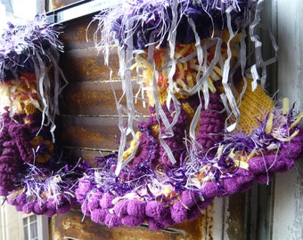 Handknit woman slippers  purple yellow fairy ruffle autumn colors indoor warm socks fluffy fibers gypsy  frizzy ribbons inspired by nature