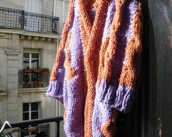 Handknit woman cables coat jacket kimono orange pumpkin cables and rim on lilac pure french virgin wool winter rustic coat boho comfortable