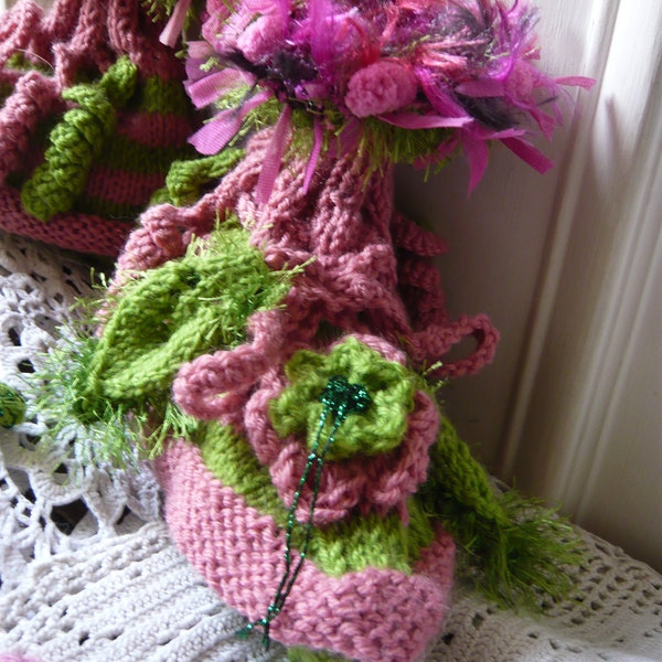 RESERVED to SANDY,hand knitted women fairy slippers or socks,pink and vivid green,with grass,flowers,petals,leaves,wearable art,OOAK