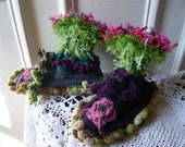hand knitted women fairy slippers or socks in blue,violet,vivid green,pink,with grass,leaves and flowers,wearable art,OOAK