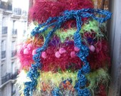 Handmade crochet faery big tote bag wild ruffle textured hippie bag psychedelic rainbow colors 3D fibers tote St Valentine's gift for her