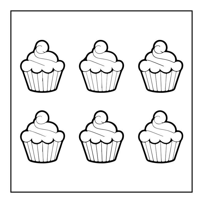 Pu&ograve; includere: Un'illustrazione in bianco e nero a tratto che mostra sei cupcake identici disposti in due file da tre. Ogni cupcake presenta un pirottino di carta scanalato, una base di glassa arrotondata e un piccolo vortice di glassa sulla sommit&agrave;.