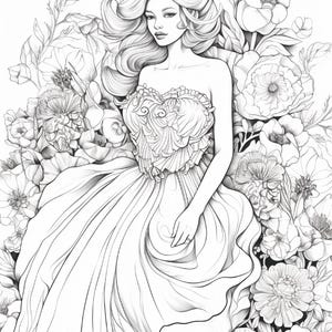 Pu&ograve; includere: Un'illustrazione a linee in bianco e nero di una persona con lunghi capelli mossi che indossa un abito senza spalline con un corpetto strutturato, circondata da una fitta disposizione di vari grandi fiori sbocciati e fogliame dettagliato.