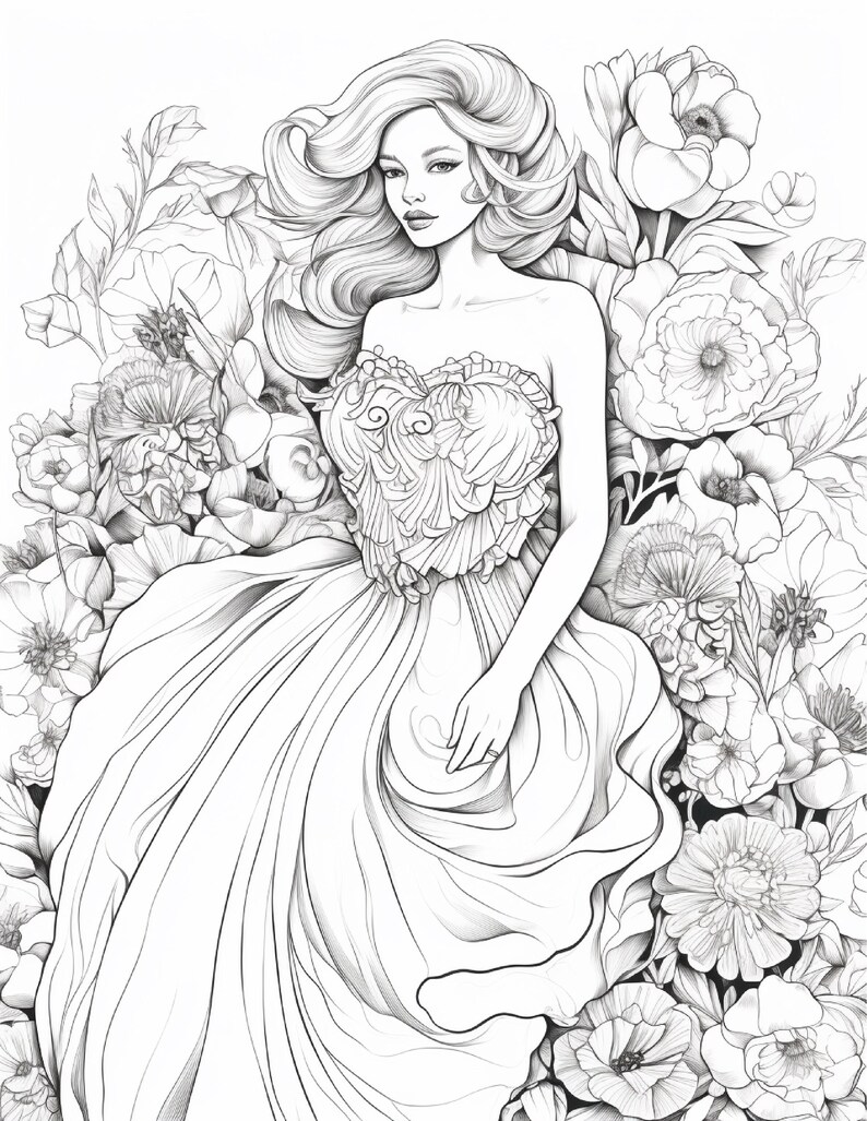Pu&ograve; includere: Un'illustrazione a linee in bianco e nero di una persona con lunghi capelli mossi che indossa un abito senza spalline con un corpetto strutturato, circondata da una fitta disposizione di vari grandi fiori sbocciati e fogliame dettagliato.