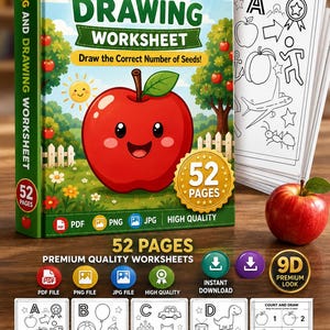 Counting and Drawing Worksheet printable PDF for preschool and kindergarten featuring apples where kids draw the correct number of seeds to practice counting, number recognition, fine motor skills, and early math learning. Instant digital download.