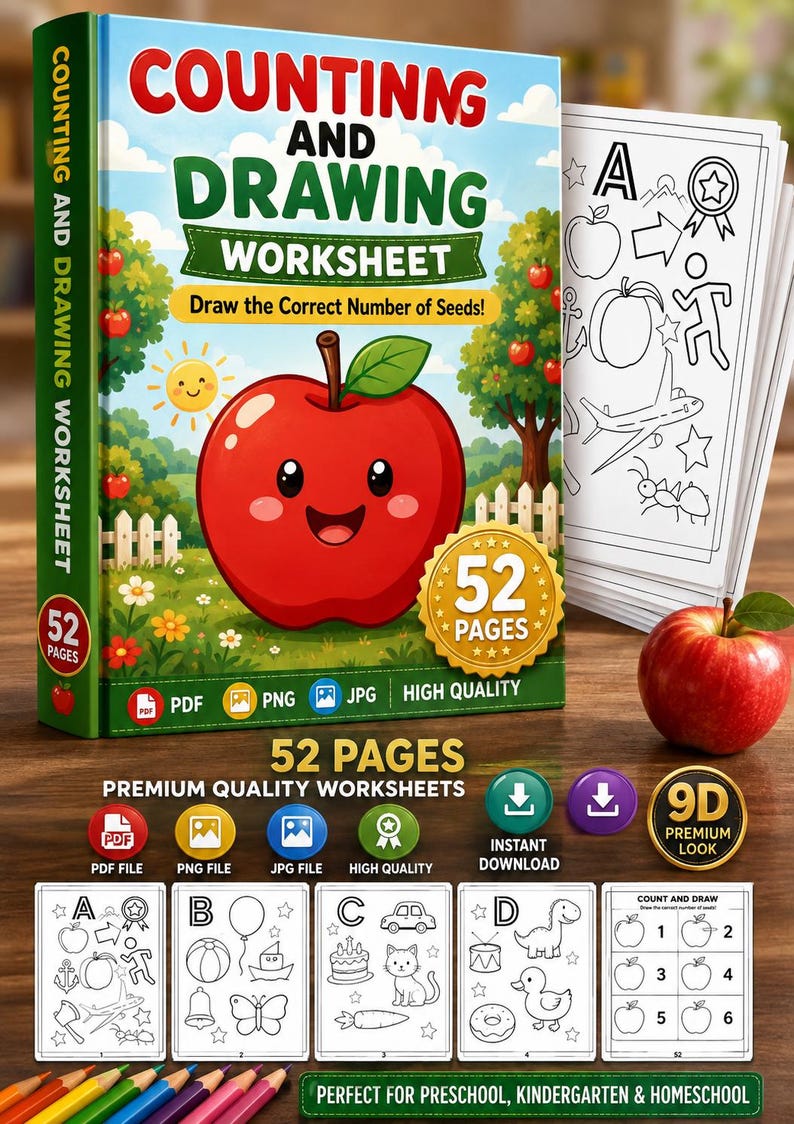 Counting and Drawing Worksheet printable PDF for preschool and kindergarten featuring apples where kids draw the correct number of seeds to practice counting, number recognition, fine motor skills, and early math learning. Instant digital download.
