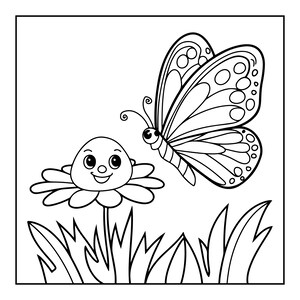 Pode incluir: Uma ilustra&ccedil;&atilde;o de arte linear em preto e branco apresentando uma borboleta com asas estampadas pairando perto de uma flor sorridente com olhos grandes e um nariz pequeno, tudo contra um fundo de simples folhas de grama.