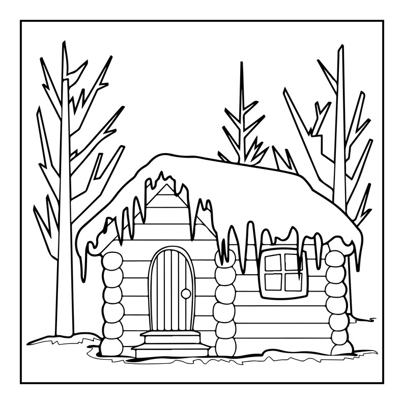 May include: A black and white line art illustration of a log cabin with a snow-covered roof and icicles hanging from the eaves. The cabin features a central arched door and a square window, surrounded by three bare trees in a winter setting.