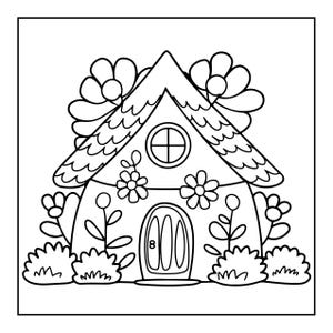 May include: A black and white line art illustration of a small cottage with a shingled roof, a circular window, and an arched door. The structure is surrounded by various stylized flowers and rounded bushes, creating a garden-themed scene.