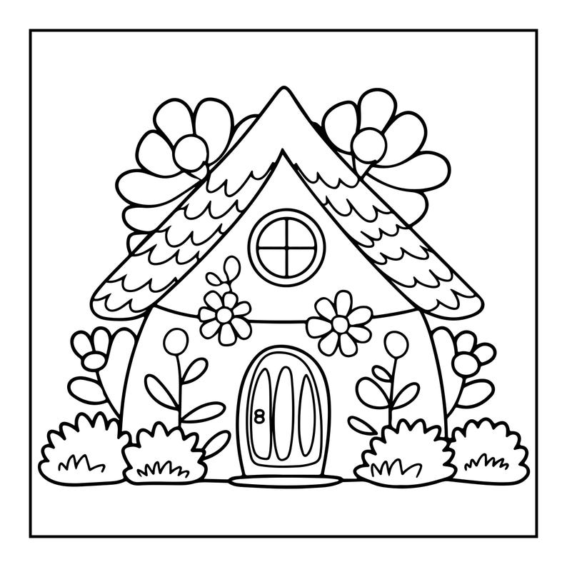 May include: A black and white line art illustration of a small cottage with a shingled roof, a circular window, and an arched door. The structure is surrounded by various stylized flowers and rounded bushes, creating a garden-themed scene.