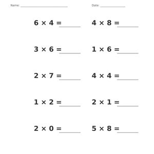 May include: A single-digit multiplication worksheet with a grey header reading Multiplication &bull; Single Digit. It includes blank lines for Name and Date, followed by ten math problems such as 6 x 4, 4 x 8, 3 x 6, 1 x 6, 2 x 7, 4 x 4, 1 x 2, 2 x 1, 2 x 0, and 5 x 8.