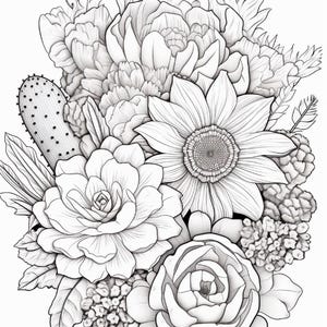 Pode incluir: Uma ilustra&ccedil;&atilde;o de arte linear em preto e branco apresentando um arranjo floral denso. A composi&ccedil;&atilde;o inclui um grande girassol central, flores em camadas semelhantes a pe&ocirc;nias, um cacto espinhoso alto e cachos de pequenos bot&otilde;es e folhas.