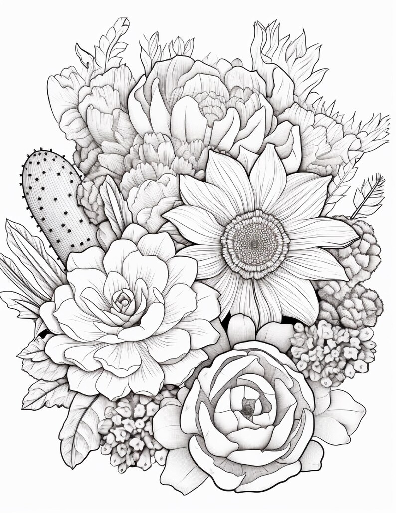 Pode incluir: Uma ilustra&ccedil;&atilde;o de arte linear em preto e branco apresentando um arranjo floral denso. A composi&ccedil;&atilde;o inclui um grande girassol central, flores em camadas semelhantes a pe&ocirc;nias, um cacto espinhoso alto e cachos de pequenos bot&otilde;es e folhas.