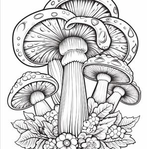 May include: A black and white line art illustration featuring a cluster of mushrooms with detailed gills and spotted caps. The base of the mushrooms is surrounded by a dense arrangement of small flowers, berries, and serrated leaves in a botanical style.