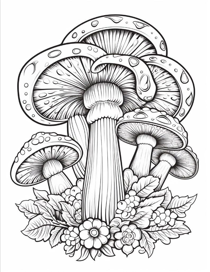 May include: A black and white line art illustration featuring a cluster of mushrooms with detailed gills and spotted caps. The base of the mushrooms is surrounded by a dense arrangement of small flowers, berries, and serrated leaves in a botanical style.
