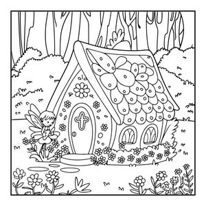 Peut inclure: Une page de coloriage en noir et blanc repr&eacute;sentant un petit cottage avec un toit en bardeaux, une porte arrondie et des fen&ecirc;tres en arc. Une petite silhouette ail&eacute;e est assise sur une grande fleur &agrave; gauche, entour&eacute;e de buissons et de fleurs.