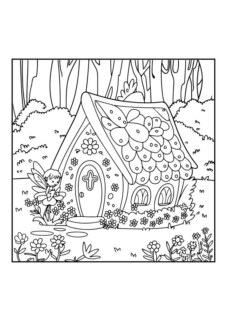 Peut inclure: Une page de coloriage en noir et blanc repr&eacute;sentant un petit cottage avec un toit en bardeaux, une porte arrondie et des fen&ecirc;tres en arc. Une petite silhouette ail&eacute;e est assise sur une grande fleur &agrave; gauche, entour&eacute;e de buissons et de fleurs.