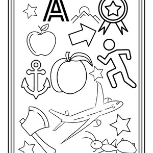 Puede incluir: Una p&aacute;gina para colorear en blanco y negro con la letra A, una manzana, un ancla, un melocot&oacute;n, un avi&oacute;n, un hacha, una hormiga, una figura corriendo, monta&ntilde;as, una medalla con forma de estrella y varias estrellas, con el n&uacute;mero 1 abajo.