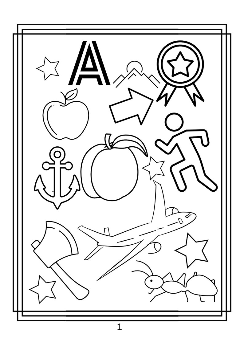 Puede incluir: Una p&aacute;gina para colorear en blanco y negro con la letra A, una manzana, un ancla, un melocot&oacute;n, un avi&oacute;n, un hacha, una hormiga, una figura corriendo, monta&ntilde;as, una medalla con forma de estrella y varias estrellas, con el n&uacute;mero 1 abajo.