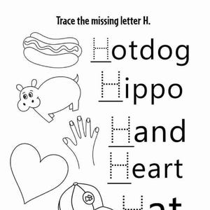 Op de afbeelding: Een zwart-wit educatief werkblad met de titel Trace the missing letter H. Het bevat lijntekeningen van een hotdog, nijlpaard, hand, hart en hoed, elk gekoppeld aan het bijbehorende woord waarbij de letter H met een stippellijn is weergegeven.