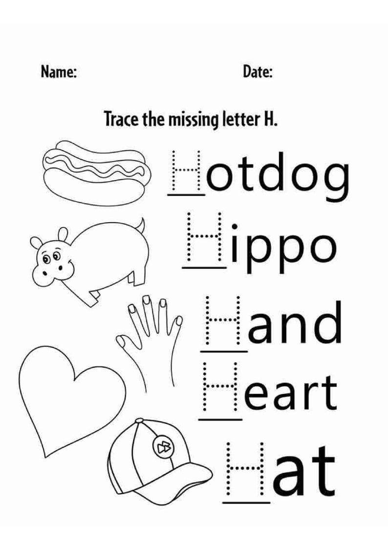 Op de afbeelding: Een zwart-wit educatief werkblad met de titel Trace the missing letter H. Het bevat lijntekeningen van een hotdog, nijlpaard, hand, hart en hoed, elk gekoppeld aan het bijbehorende woord waarbij de letter H met een stippellijn is weergegeven.