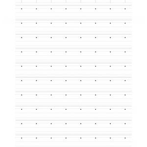 Peut inclure: Une feuille de papier blanche pr&eacute;sentant une grille de lignes pointill&eacute;es noires con&ccedil;ue pour l'apprentissage de l'&eacute;criture. La mise en page se compose de plusieurs rang&eacute;es, chacune avec une ligne pleine, une ligne en pointill&eacute;s.