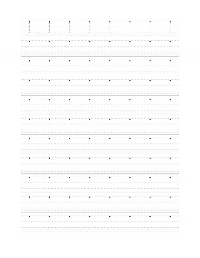 Peut inclure: Une feuille de papier blanche pr&eacute;sentant une grille de lignes pointill&eacute;es noires con&ccedil;ue pour l'apprentissage de l'&eacute;criture. La mise en page se compose de plusieurs rang&eacute;es, chacune avec une ligne pleine, une ligne en pointill&eacute;s.